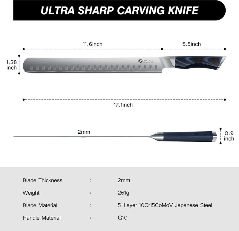 FINTISO Brisket Slicing Knife, 11.6 Inch Carving Knife, Japanese High Carbon Steel Slicing Knives with VG10 Steel Core & G10 Handle, Full Tang Ultra Sharp Meat Cleaver for BBQ, Turkey, Roast, Brisket - Image 4